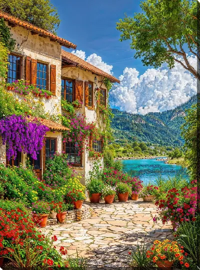 Картина маслом Природа у дома с цветами и рекой на фоне гор