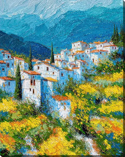 Картина маслом Белые дома на фоне гор и желтых полей в солнечное время