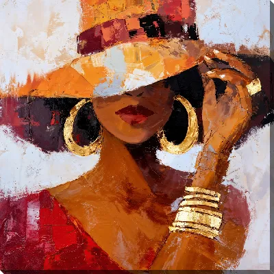 Картина маслом Женщина с широкополой шляпой и серьгами на фоне яркой картины