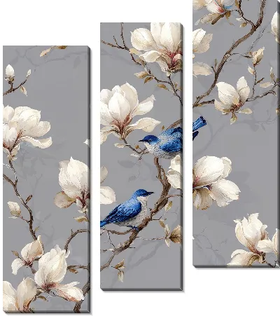 Модульная картина Цветы магнолии и синицы на фоне серого цвета