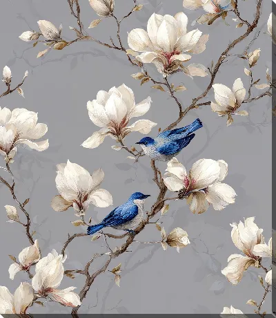 Картина маслом Цветы магнолии и синицы на фоне серого цвета
