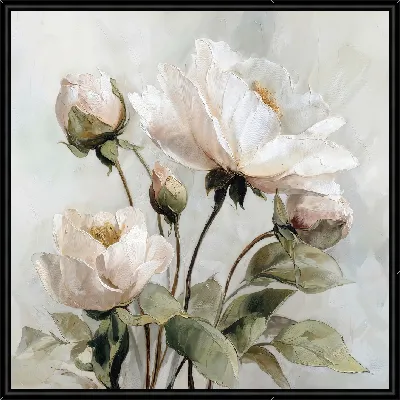 Картина Цветы на фоне белой стены, натюрморт с пионовидными розами и зеленью