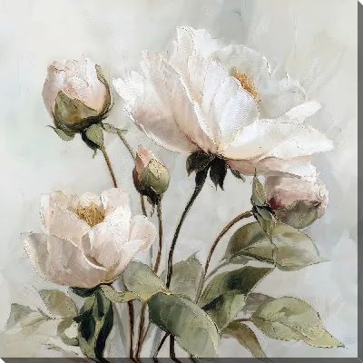 Картина маслом Цветы на фоне белой стены, натюрморт с пионовидными розами и зеленью