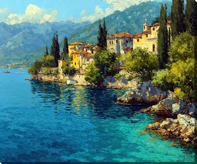 Картина маслом Природы у озера с домами и горами вдалеке