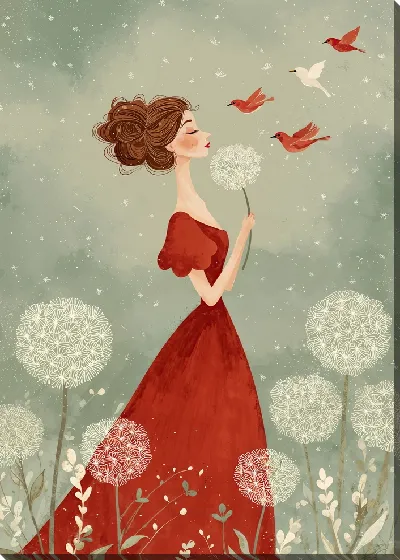 Картина маслом Женщина держит одуванчики и смотрит на птиц в небе