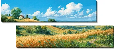 Модульная картина Пейзаж с золотыми полями и домом под голубым небом