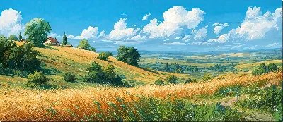 Картина маслом Пейзаж с золотыми полями и домом под голубым небом