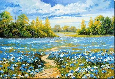 Картина маслом Синие полевые цветы с зелеными деревьями и небом