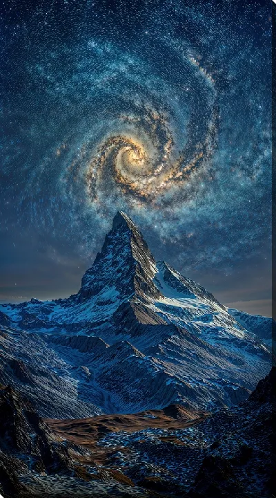 Картина маслом Высокая гора под ночным небом с галактикой