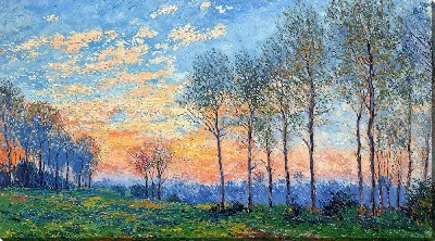 Картина маслом Закат над полем с деревьями и облаками на фоне