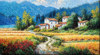 Картина маслом Уютные дома у реки на фоне гор и полей с цветами