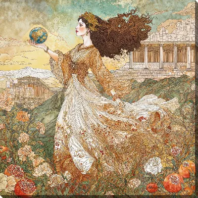 Картина маслом Женщина держит земной шар на фоне древнегреческих руин и природы