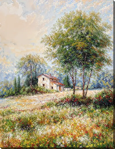 Картина маслом Деревенский дом на фоне природы в светлый день