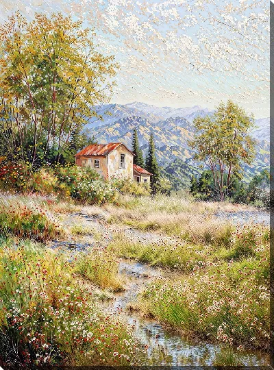 Картина маслом Находка заброшенного дома среди зелени и гор