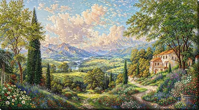 Картина маслом Живописный пейзаж с горами, домами и зелеными холмами под ясным небом