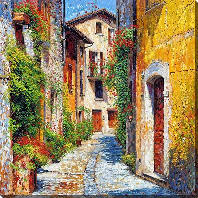 Картина маслом Узкая улица между домами с цветами на стенах в маленьком городе