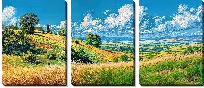 Модульная картина Природа на зелёном холме с цветами и облаками на ясном небе