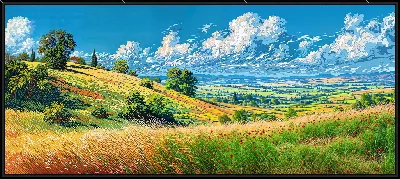 Картина Природа на зелёном холме с цветами и облаками на ясном небе