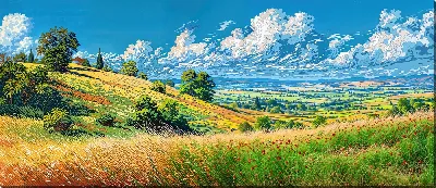 Картина маслом Природа на зелёном холме с цветами и облаками на ясном небе