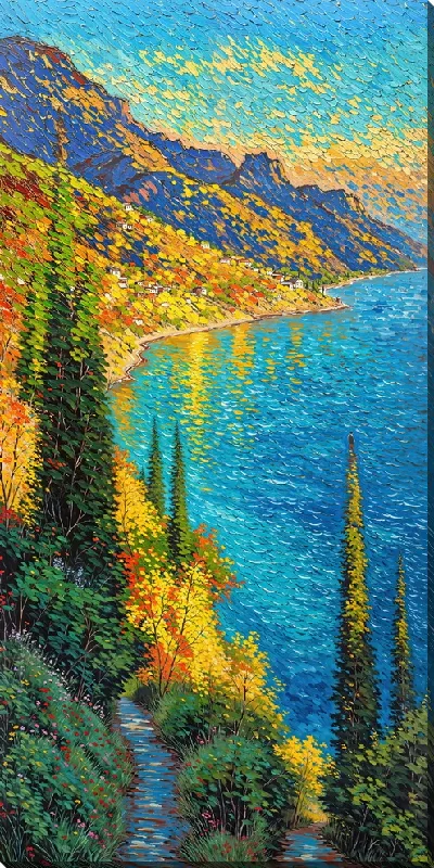 Картина маслом Удивительный вид на горы и озеро во время золотой осени