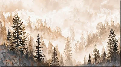 Картина маслом Лес в тумане ранним утром на горном склоне