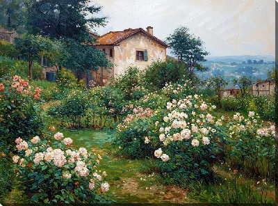 Картина маслом Цветущий сад рядом с домом на фоне гор