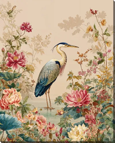 Картина маслом Цапля на фоне цветов у воды в саду