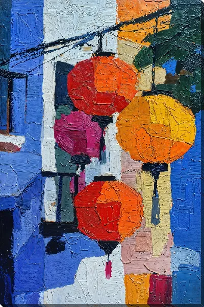 Картина маслом Красные и оранжевые фонари висят на улице в ясный день