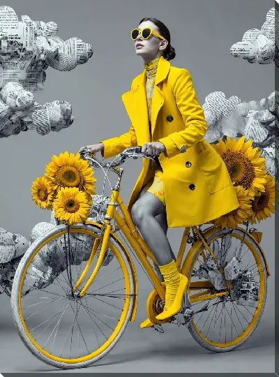 Постер Женщина катается на велосипеде с подсолнухами и облаками на фоне