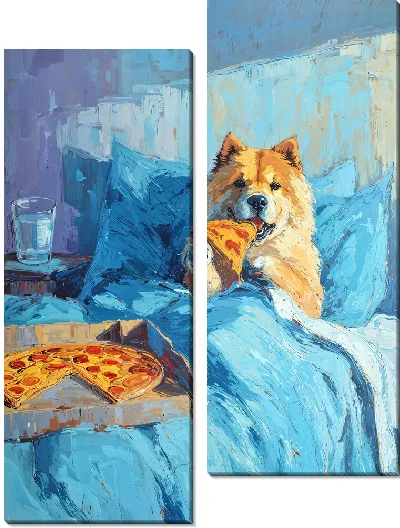 Модульная картина Собака ест пиццу в кровати на синем покрывале