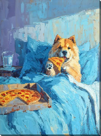 Картина маслом Собака ест пиццу в кровати на синем покрывале
