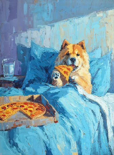 Плакат Собака ест пиццу в кровати на синем покрывале
