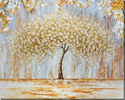 Картина маслом Дерево с цветами на фоне осенних листьев и стены с текстурой