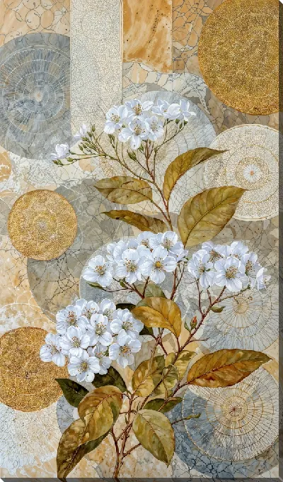Картина маслом Белые цветы на фоне графических кругов из разных материалов