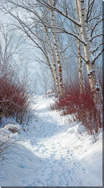 Картина маслом Зимний маршрут среди деревьев и кустов в снегу