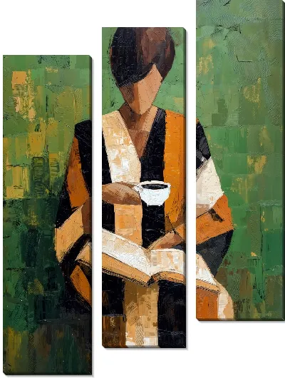 Модульная картина Девушка с чашкой кофе читает книгу на зеленом фоне