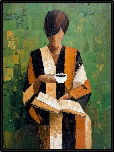 Картина Девушка с чашкой кофе читает книгу на зеленом фоне