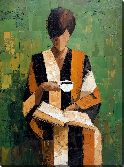 Картина маслом Девушка с чашкой кофе читает книгу на зеленом фоне