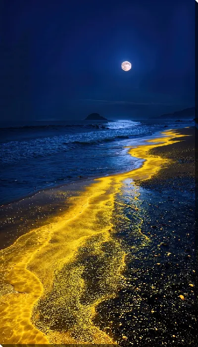 Картина маслом Лунный свет на берегу моря в ночное время с золотым песком