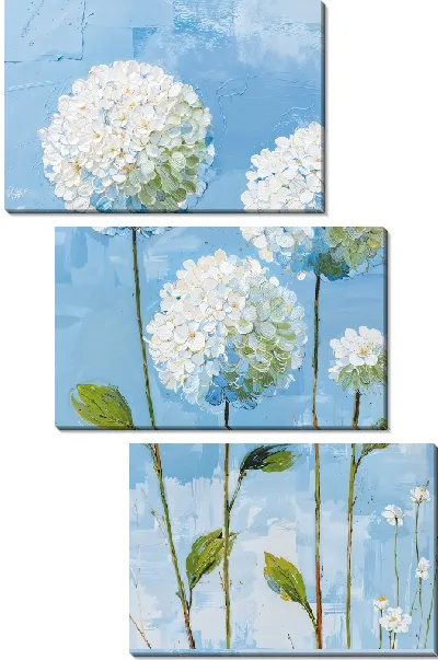 Модульная картина Цветы на фоне голубого неба, крупные белые шары на стеблях