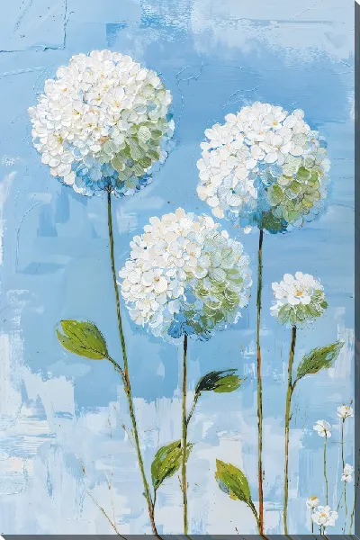 Картина маслом Цветы на фоне голубого неба, крупные белые шары на стеблях