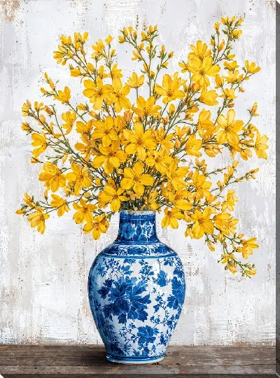 Картина маслом Цветы в вазе на столе с белым фоном и текстурой