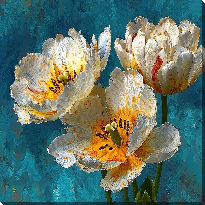 Картина маслом Три цветка на фоне синего цвета с желтыми и белыми лепестками
