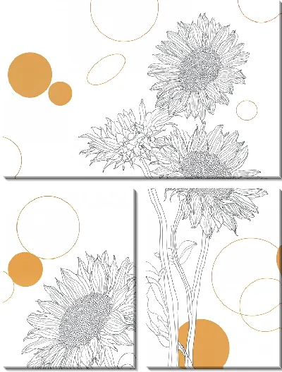 Модульная картина Подсолнухи в черно-белом рисунке с цветными кругами