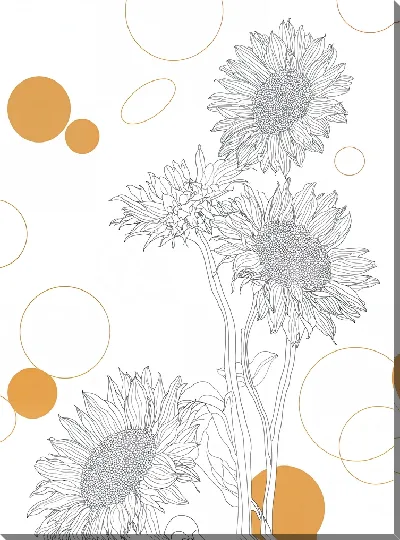 Картина маслом Подсолнухи в черно-белом рисунке с цветными кругами