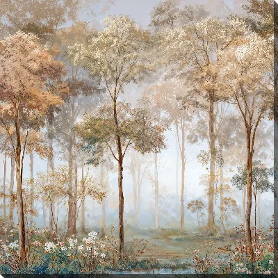Картина маслом Лес осенью с деревьями и цветами у воды в утренний свет