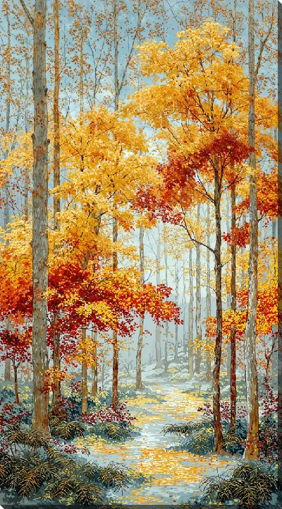 Картина маслом Осень в лесу с деревьями и осенними листьями и проходом