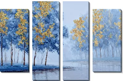 Модульная картина Осень у реки с желтыми деревьями и отражением в воде