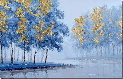 Картина маслом Осень у реки с желтыми деревьями и отражением в воде