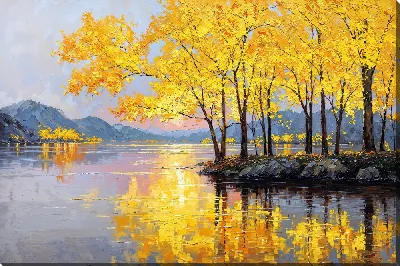 Картина маслом Золотые деревья у реки